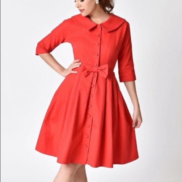 Unique Vintage 1950’s Red Button Up Coat Dress M - Picture 1 of 6